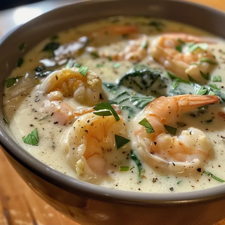 ['Close-up view of creamy shrimp soup with shrimp and spinach.', 'Side angle of a rich, creamy shrimp soup garnished with parsley.', 'Bowl filled with creamy shrimp soup showcasing shrimp and baby spinach.', 'Delicious shrimp soup with a thick, creamy texture and colorful ingredients.']