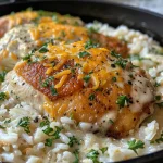 ['Close-up view of creamy smothered chicken served over rice.', 'Juicy chicken breasts topped with a creamy sauce on a bed of rice.', 'Side view of a delicious plate of creamy chicken and rice.', 'Rich and creamy chicken dish with melted cheese, served with rice.']