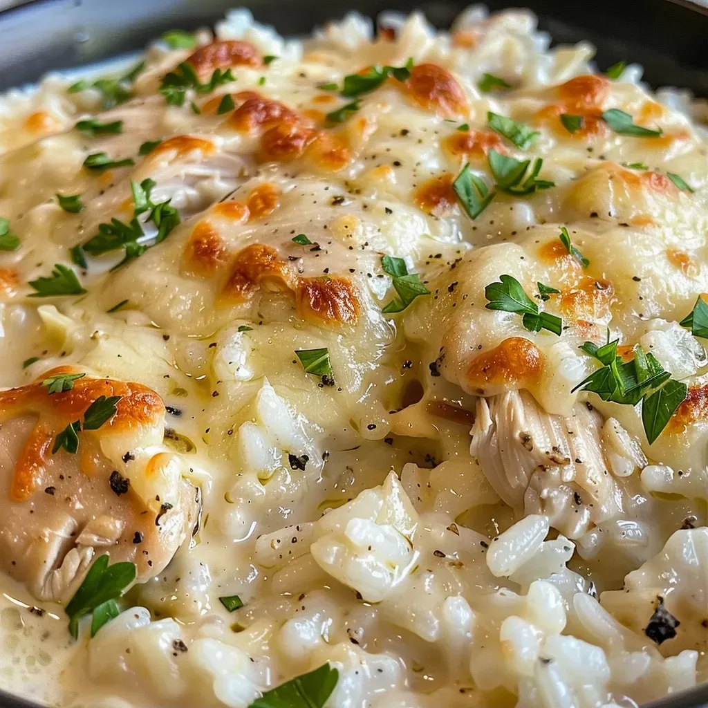 ['Close-up view of creamy smothered chicken served over rice.', 'Juicy chicken breasts topped with a creamy sauce on a bed of rice.', 'Side view of a delicious plate of creamy chicken and rice.', 'Rich and creamy chicken dish with melted cheese, served with rice.']