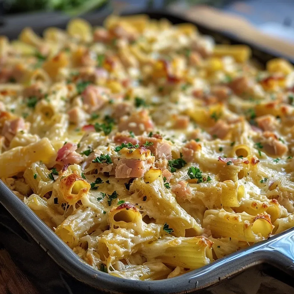 ['Close-up view of a creamy tuna pasta bake with melted cheese and breadcrumbs.', 'Side view of a creamy tuna pasta bake garnished with fresh parsley.', 'Delicious creamy tuna pasta bake displayed in a baking dish with golden crust.', 'Appetizing creamy tuna pasta bake showing layers of pasta and cheese.']