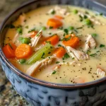 ['A close-up side view of a bowl filled with creamy turkey soup, showcasing vibrant vegetables and herbs.', 'Rich and creamy turkey soup in a white bowl, with diced carrots, celery, and garnished with parsley.', 'A steaming bowl of creamy turkey soup, featuring shredded turkey and fresh peas, viewed from the side.', 'A detailed close-up of a delicious creamy turkey soup, highlighting the ingredients and texture.']