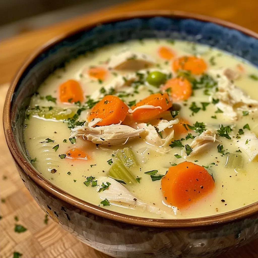 ['A close-up side view of a bowl filled with creamy turkey soup, showcasing vibrant vegetables and herbs.', 'Rich and creamy turkey soup in a white bowl, with diced carrots, celery, and garnished with parsley.', 'A steaming bowl of creamy turkey soup, featuring shredded turkey and fresh peas, viewed from the side.', 'A detailed close-up of a delicious creamy turkey soup, highlighting the ingredients and texture.']