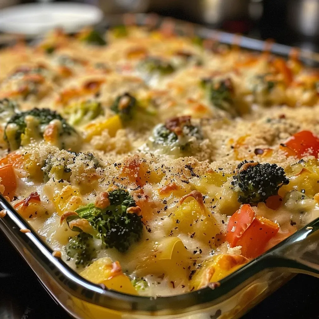 ['Close-up view of a creamy vegetable bake with colorful vegetables.', 'Side view of a deliciously baked creamy vegetable dish with melted cheese on top.', 'Appetizing creamy vegetable bake showcasing vibrant broccoli, bell peppers, and zucchini.', 'Juicy creamy vegetable bake filled with assorted vegetables and cheese, taken with an iPhone.']