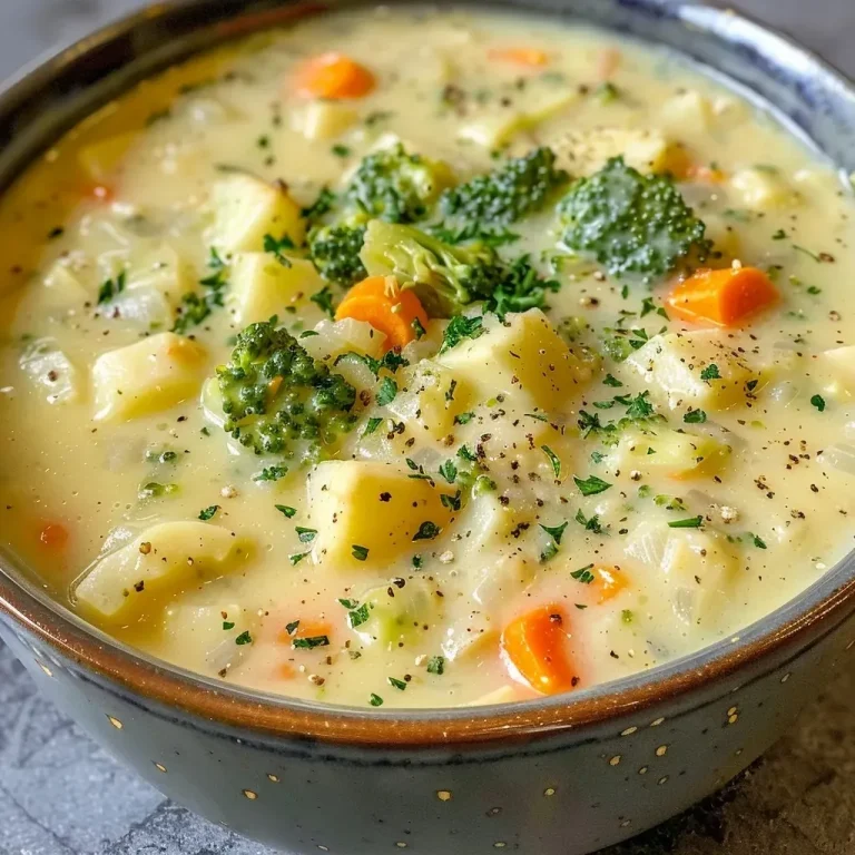 ['A close-up side view of a creamy vegetable soup filled with colorful diced vegetables.', 'A bowl of creamy vegetable soup featuring chunks of carrots, broccoli, and potatoes.', 'Rich, creamy vegetable soup in a bowl, showcasing vibrant vegetables and a smooth texture.', 'Side view of a hearty creamy vegetable soup, garnished and steaming in a bowl.']