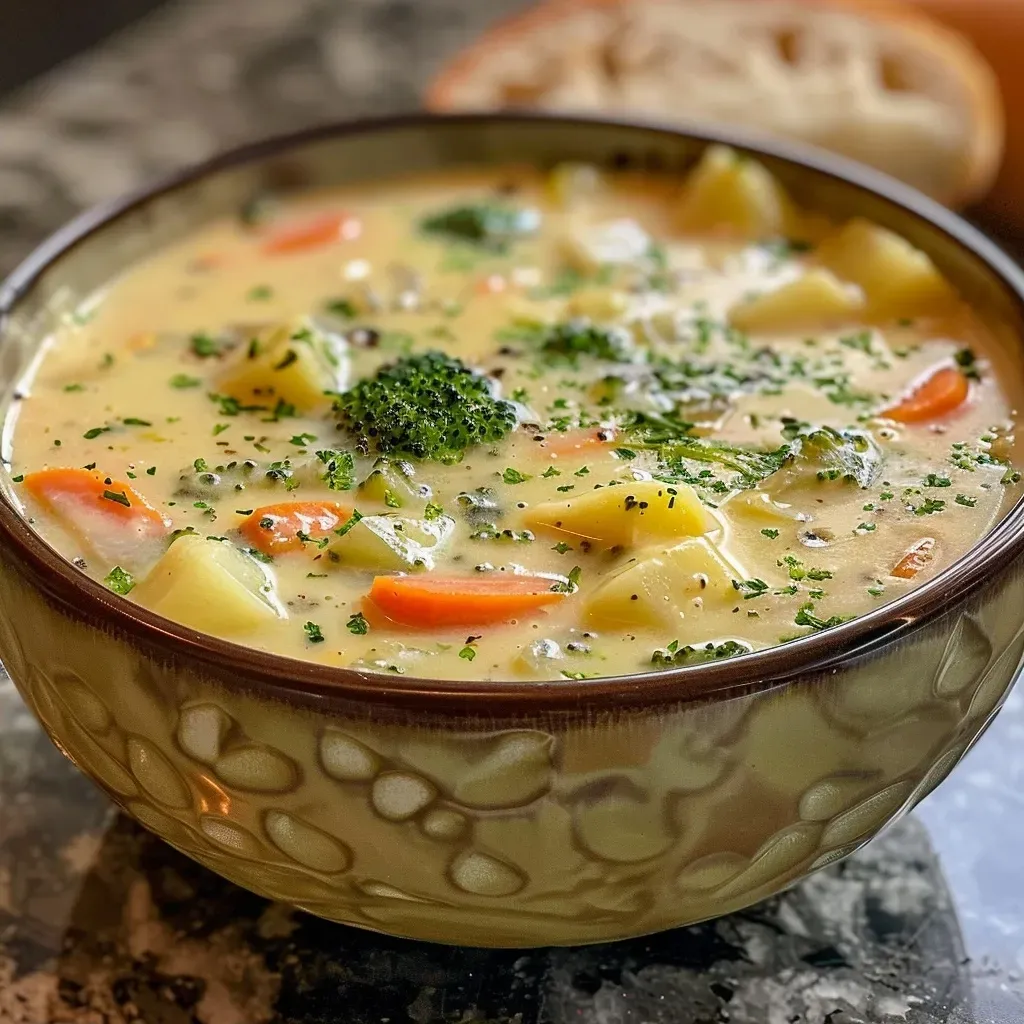 ['A close-up side view of a creamy vegetable soup filled with colorful diced vegetables.', 'A bowl of creamy vegetable soup featuring chunks of carrots, broccoli, and potatoes.', 'Rich, creamy vegetable soup in a bowl, showcasing vibrant vegetables and a smooth texture.', 'Side view of a hearty creamy vegetable soup, garnished and steaming in a bowl.']
