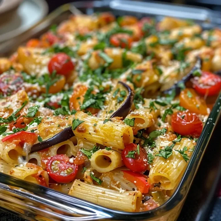 ['A creamy veggie pasta bake featuring colorful bell peppers and cherry tomatoes.', 'Close-up view of a delicious creamy veggie pasta bake with rigatoni.', 'A side view of a vibrant veggie pasta bake, including sliced peppers and fresh herbs.', 'Juicy creamy pasta bake with layers of vegetables and a golden crust.']