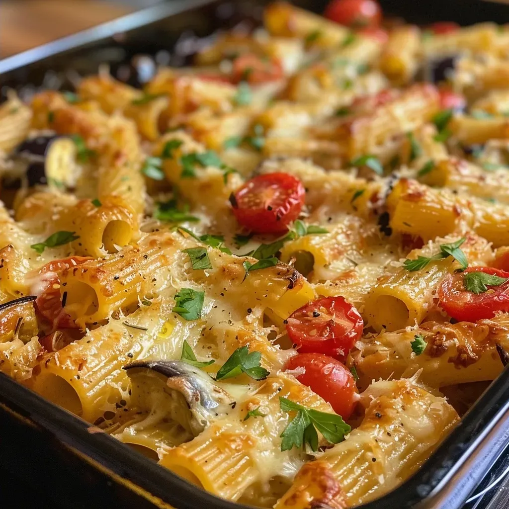 A creamy veggie pasta bake featuring colorful bell peppers and cherry tomatoes.