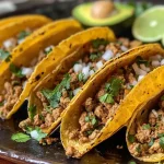 ['Close-up view of crispy baked ground turkey tacos topped with avocado sauce and fresh cilantro.', 'Side view of juicy ground turkey tacos in hard corn shells, garnished with avocado sauce.', 'Delicious baked ground turkey tacos displayed with creamy avocado sauce and diced onions.', 'Crispy tacos filled with ground turkey, cheese, and avocado sauce, arranged on a plate.']