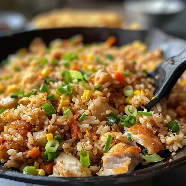 ['Close-up view of crispy garlic chicken fried rice with diced chicken and vegetables.', 'Juicy garlic chicken fried rice served in a bowl, showcasing crispy texture and vibrant ingredients.', 'Side angle of fried rice featuring crispy chicken, colorful veggies, and garlic slices.', 'Detailed shot of garlic chicken fried rice with a golden crust and fresh green onions.']