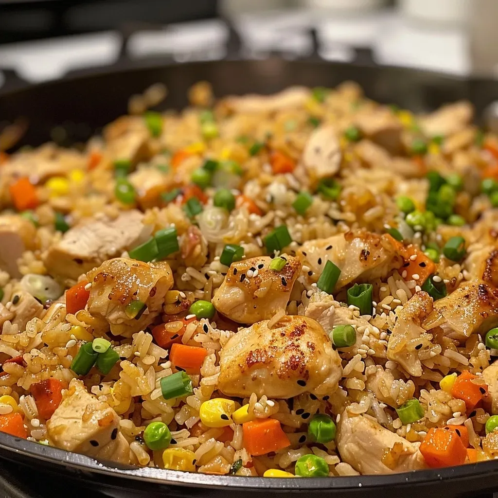 ['Close-up view of crispy garlic chicken fried rice with diced chicken and vegetables.', 'Juicy garlic chicken fried rice served in a bowl, showcasing crispy texture and vibrant ingredients.', 'Side angle of fried rice featuring crispy chicken, colorful veggies, and garlic slices.', 'Detailed shot of garlic chicken fried rice with a golden crust and fresh green onions.']