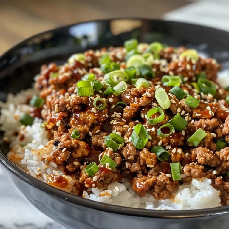 ['Close-up of a bowl filled with crispy ground beef, fluffy rice, and vibrant green onions in creamy broth.', 'Side view of a delicious dish featuring crispy ground beef and rice in a creamy gochujang broth, garnished with sliced cucumbers.', 'Juicy ground beef and rice with a rich gochujang broth, topped with sesame seeds and green onions.', 'A close-up of a savory bowl of crispy ground beef and rice, presented in a creamy red broth.']