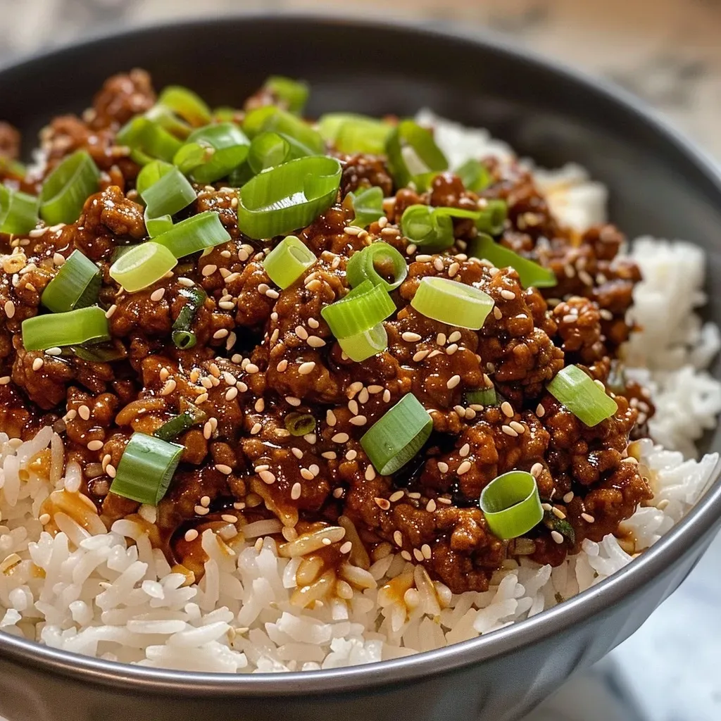 ['Close-up of a bowl filled with crispy ground beef, fluffy rice, and vibrant green onions in creamy broth.', 'Side view of a delicious dish featuring crispy ground beef and rice in a creamy gochujang broth, garnished with sliced cucumbers.', 'Juicy ground beef and rice with a rich gochujang broth, topped with sesame seeds and green onions.', 'A close-up of a savory bowl of crispy ground beef and rice, presented in a creamy red broth.']