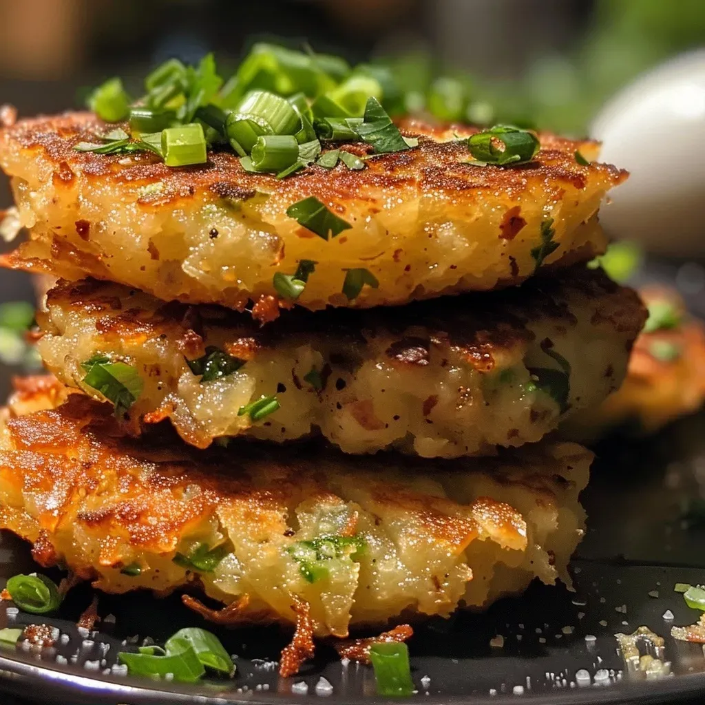 ['Close-up side view of crispy mashed potato pancakes with a savory beef filling.', 'Golden-brown potato pancakes filled with succulent ground beef, displayed from the side.', 'Juicy potato pancakes with a crunchy exterior and savory meat filling, photographed up close.', 'Side view of delicious mashed potato pancakes, revealing a rich beef filling.']