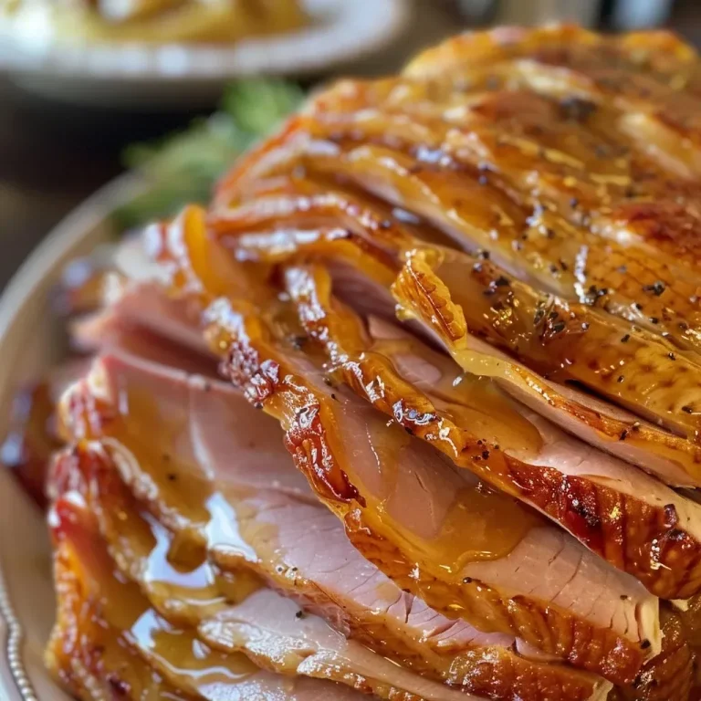 ['Close-up of a glazed honey baked turkey ham on a serving platter.', 'Side view of a juicy honey glazed turkey breast roast, garnished and ready to serve.', 'Deliciously glazed turkey ham with a shiny surface and rich color tones.', 'Sliced honey baked turkey ham displaying a caramelized glaze and juicy texture.']
