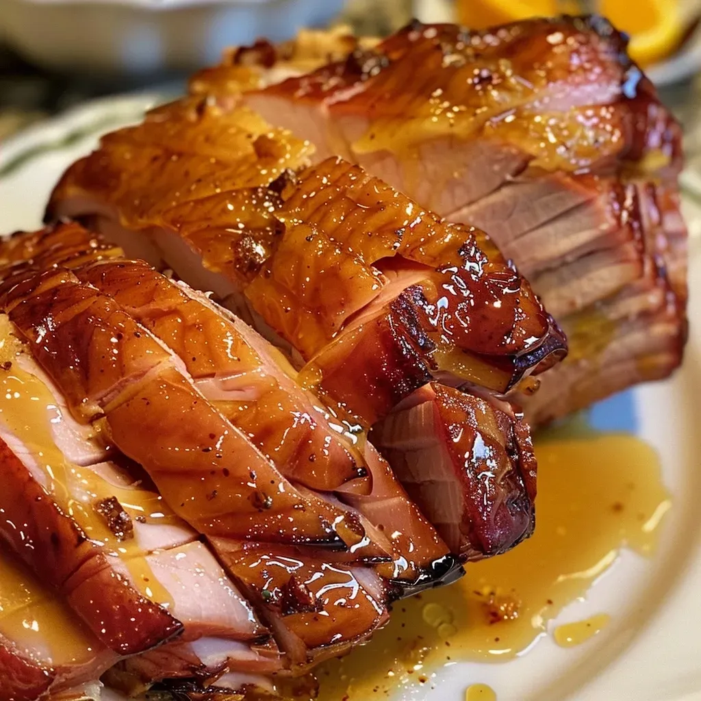 ['Close-up of a glazed honey baked turkey ham on a serving platter.', 'Side view of a juicy honey glazed turkey breast roast, garnished and ready to serve.', 'Deliciously glazed turkey ham with a shiny surface and rich color tones.', 'Sliced honey baked turkey ham displaying a caramelized glaze and juicy texture.']