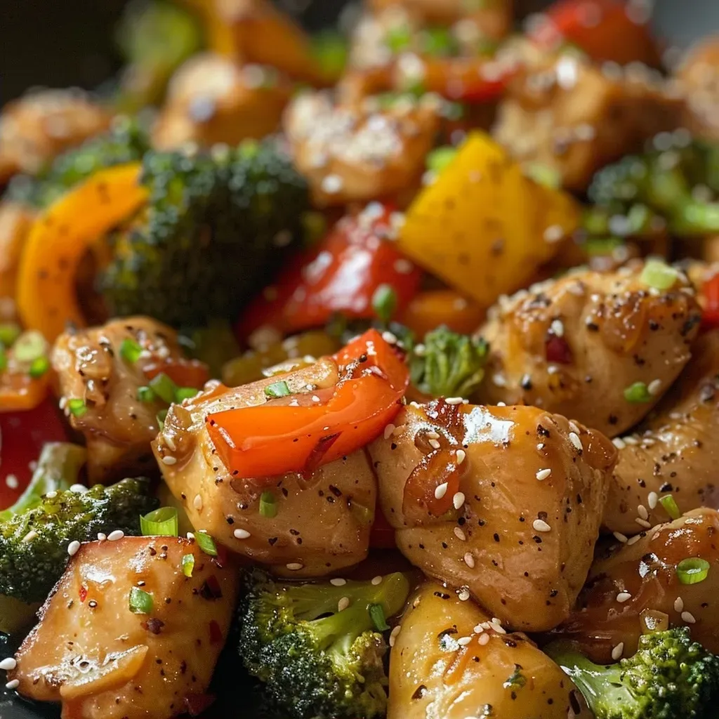 ['Close-up of a colorful chicken stir fry with vegetables in a white bowl.', 'Juicy diced chicken and fresh vegetables stir-fried in a vibrant mix.', 'A side view of a hearty chicken stir fry showcasing broccoli, peppers, and carrots.', 'Close-up image of a delicious chicken stir fry garnished with sesame seeds.']
