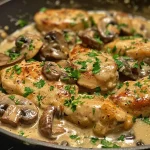 ['Close-up of creamy mushroom chicken dish served on a plate with fresh parsley.', 'Juicy and succulent Easy Creamy Mushroom Chicken garnished with parsley, viewed from the side.', 'A side view of a bowl containing Easy Creamy Mushroom Chicken, showcasing tender chicken and mushrooms.', 'Appetizing close-up of mushroom chicken with a light sauce and herbs.']