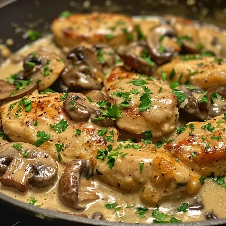 ['Close-up of creamy mushroom chicken dish served on a plate with fresh parsley.', 'Juicy and succulent Easy Creamy Mushroom Chicken garnished with parsley, viewed from the side.', 'A side view of a bowl containing Easy Creamy Mushroom Chicken, showcasing tender chicken and mushrooms.', 'Appetizing close-up of mushroom chicken with a light sauce and herbs.']