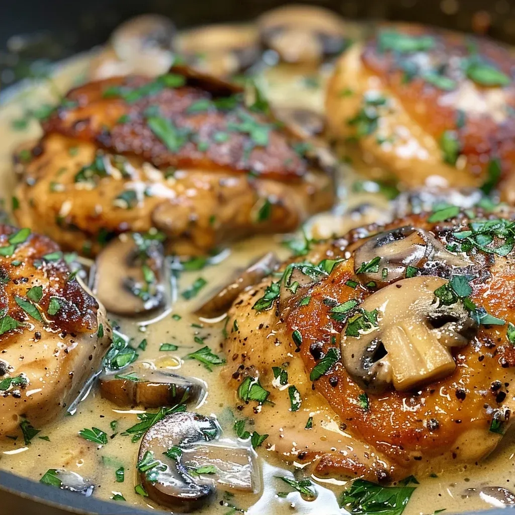 ['Close-up of creamy mushroom chicken dish served on a plate with fresh parsley.', 'Juicy and succulent Easy Creamy Mushroom Chicken garnished with parsley, viewed from the side.', 'A side view of a bowl containing Easy Creamy Mushroom Chicken, showcasing tender chicken and mushrooms.', 'Appetizing close-up of mushroom chicken with a light sauce and herbs.']