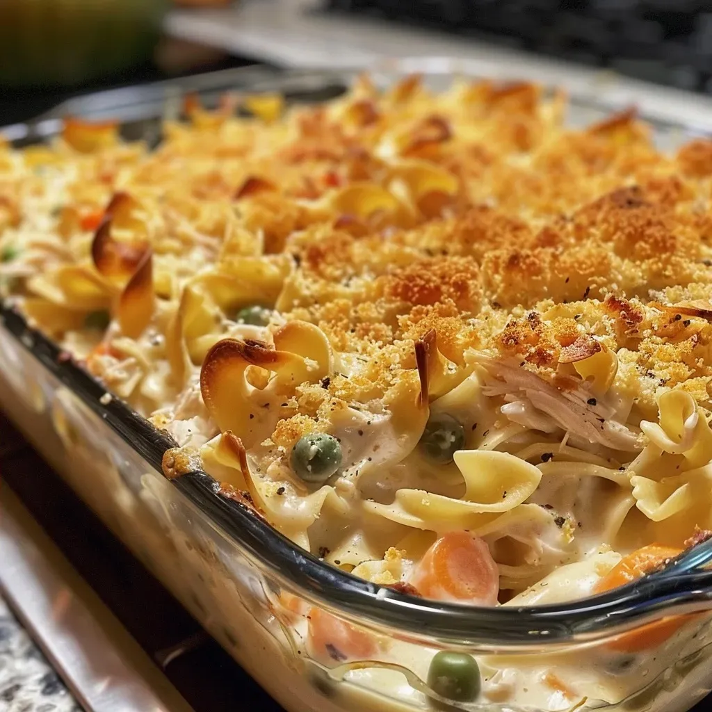 ['Close-up side view of a delicious turkey casserole topped with melted cheese and crispy onions.', 'Juicy turkey casserole with a golden crust, featuring noodles and colorful mixed vegetables.', 'Savory turkey casserole in a dish, showcasing layers of cheese and warm ingredients.', 'Appetizing view of easy turkey casserole filled with noodles, turkey, and creamy sauce.']