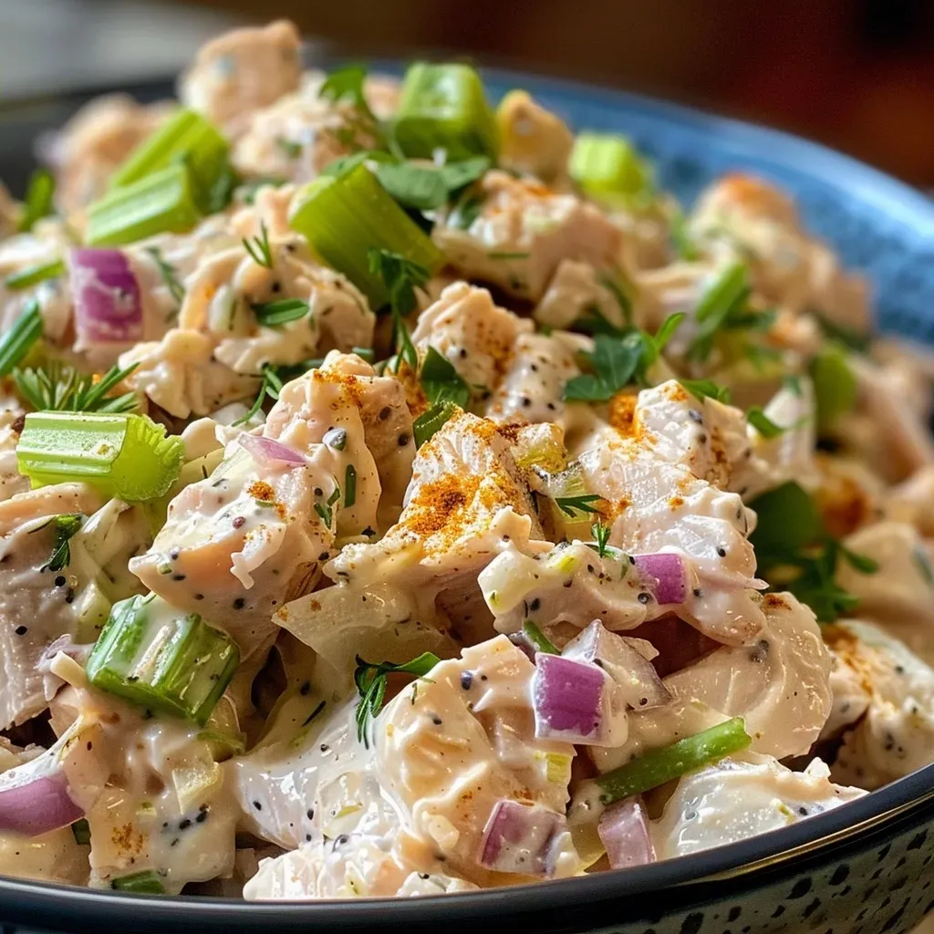 ['A vibrant close-up of Easy Turkey Salad featuring diced turkey, celery, and red onion.', 'Juicy Turkey Salad displayed in a bowl, highlighting its fresh ingredients and creamy texture.', 'A side view of a colorful Easy Turkey Salad with visible chunks of turkey, celery, and a creamy dressing.', 'An appetizing close-up of a turkey salad mix, showcasing various ingredients blended together.']