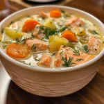 ['Close-up of Finnish Salmon Soup featuring salmon chunks, potatoes, and fresh dill.', 'Side view of creamy Finnish Salmon Soup with colorful vegetables and herbs in a bowl.', 'Juicy Finnish Salmon Soup showing tender salmon and vibrant carrots in a rich broth.', 'Appetizing bowl of Finnish Salmon Soup garnished with fresh dill and lemon slices.']