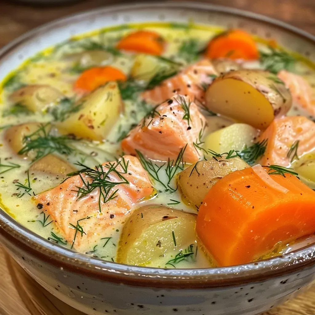 ['Close-up of Finnish Salmon Soup featuring salmon chunks, potatoes, and fresh dill.', 'Side view of creamy Finnish Salmon Soup with colorful vegetables and herbs in a bowl.', 'Juicy Finnish Salmon Soup showing tender salmon and vibrant carrots in a rich broth.', 'Appetizing bowl of Finnish Salmon Soup garnished with fresh dill and lemon slices.']