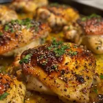 ['Juicy Garlic Butter Baked Chicken garnished with fresh parsley on a plate.', 'Close-up view of tender chicken breasts coated in garlic butter sauce.', 'Side view of baked chicken with a golden-brown garlic butter glaze.', 'Plate of Garlic Butter Baked Chicken with minced garlic and herbs visibly present.']