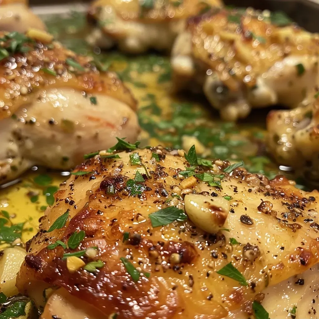 ['Juicy Garlic Butter Baked Chicken garnished with fresh parsley on a plate.', 'Close-up view of tender chicken breasts coated in garlic butter sauce.', 'Side view of baked chicken with a golden-brown garlic butter glaze.', 'Plate of Garlic Butter Baked Chicken with minced garlic and herbs visibly present.']