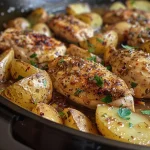 ['Juicy garlic butter chicken pieces and golden baby potatoes in a skillet.', 'Close-up of a skillet filled with chicken strips and quartered potatoes, garnished with herbs.', 'A vibrant dish of garlic butter chicken and potatoes, showcasing rich colors and textures.', 'Savory garlic butter chicken and tender yellow potatoes in a stainless steel skillet.']