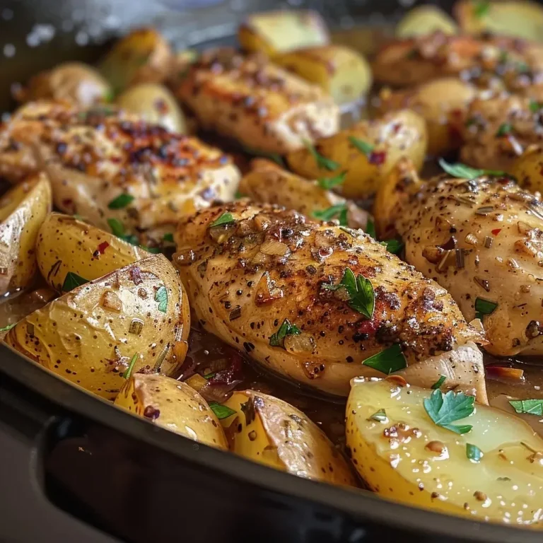 ['Juicy garlic butter chicken pieces and golden baby potatoes in a skillet.', 'Close-up of a skillet filled with chicken strips and quartered potatoes, garnished with herbs.', 'A vibrant dish of garlic butter chicken and potatoes, showcasing rich colors and textures.', 'Savory garlic butter chicken and tender yellow potatoes in a stainless steel skillet.']