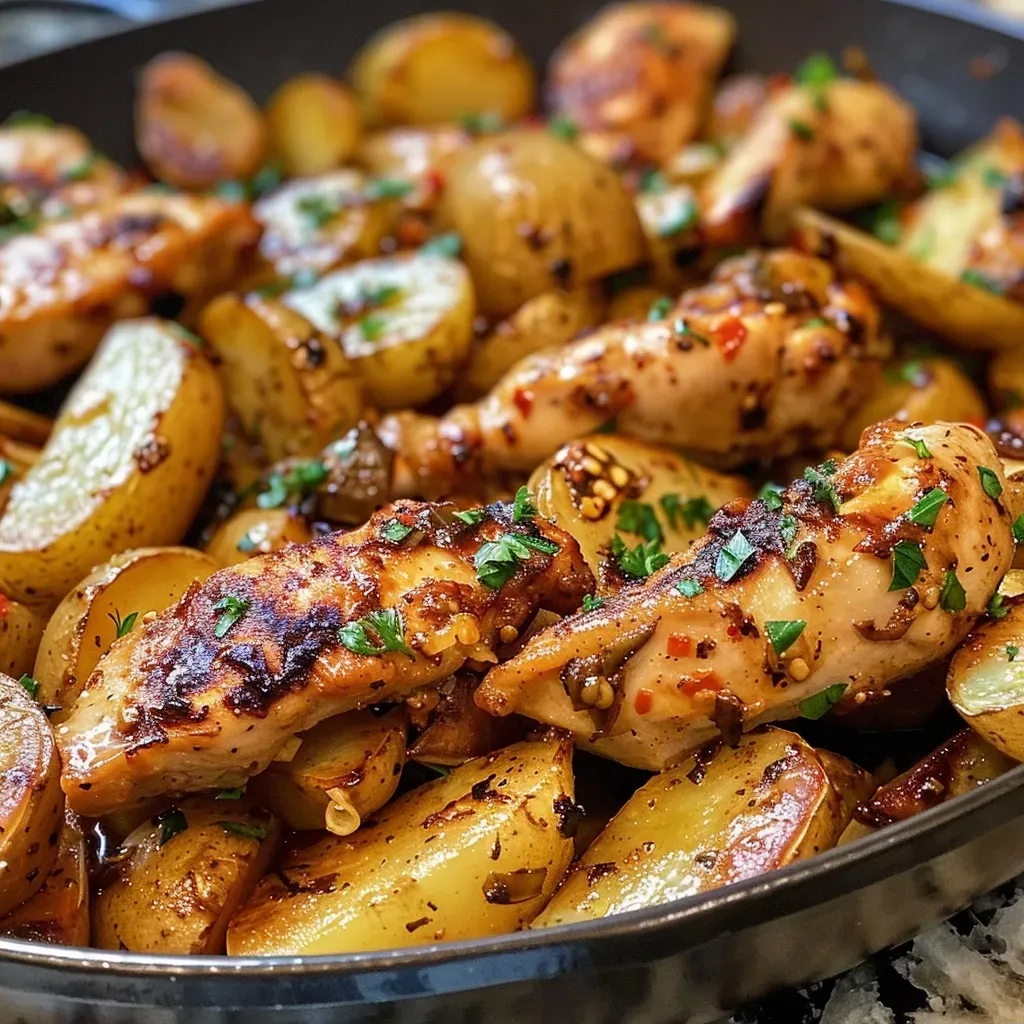 ['Juicy garlic butter chicken pieces and golden baby potatoes in a skillet.', 'Close-up of a skillet filled with chicken strips and quartered potatoes, garnished with herbs.', 'A vibrant dish of garlic butter chicken and potatoes, showcasing rich colors and textures.', 'Savory garlic butter chicken and tender yellow potatoes in a stainless steel skillet.']