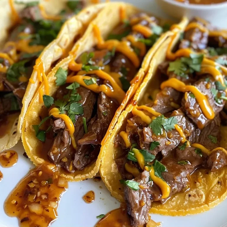 ['Close-up of juicy beef tacos filled with garlic butter honey BBQ meat.', 'Side view of taco with melted cheese, beef, and cilantro garnish.', 'Soft tortillas filled with BBQ beef, drizzled with honey and taco sauce.', 'Delicious Garlic Butter Honey BBQ Beef Tacos presented on a plate.']