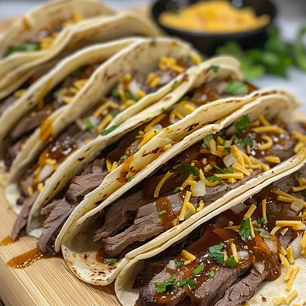 ['Close-up of juicy beef tacos filled with garlic butter honey BBQ meat.', 'Side view of taco with melted cheese, beef, and cilantro garnish.', 'Soft tortillas filled with BBQ beef, drizzled with honey and taco sauce.', 'Delicious Garlic Butter Honey BBQ Beef Tacos presented on a plate.']