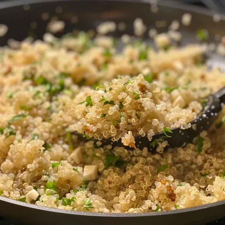 ['A close-up view of fluffy garlic butter quinoa garnished with herbs.', 'A side view of a bowl filled with garlic butter quinoa, showcasing its texture.', 'Juicy garlic butter quinoa served in a dish, with a sprinkle of seasoning on top.', 'A detailed image of quinoa mixed with garlic butter, highlighting its golden color.']