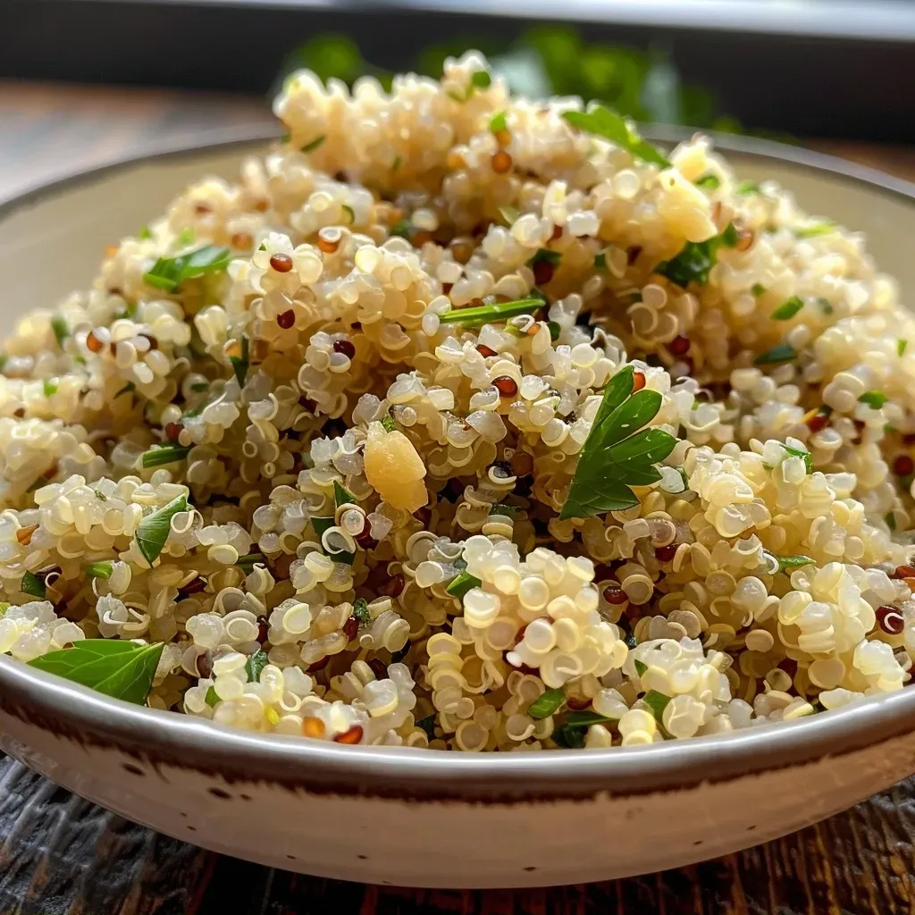 ['A close-up view of fluffy garlic butter quinoa garnished with herbs.', 'A side view of a bowl filled with garlic butter quinoa, showcasing its texture.', 'Juicy garlic butter quinoa served in a dish, with a sprinkle of seasoning on top.', 'A detailed image of quinoa mixed with garlic butter, highlighting its golden color.']