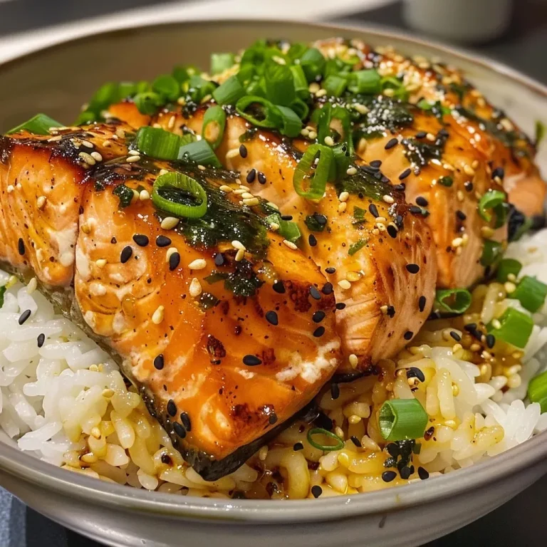 ['A close-up view of a Garlic Butter Salmon Rice Bowl with vibrant colors and textures.', 'Juicy salmon fillets on a bed of rice, garnished with green onions and sesame seeds.', 'A delicious bowl featuring tender garlic butter salmon, rice, and optional toppings.', 'A side view of a colorful rice bowl showcasing salmon and fresh ingredients.']