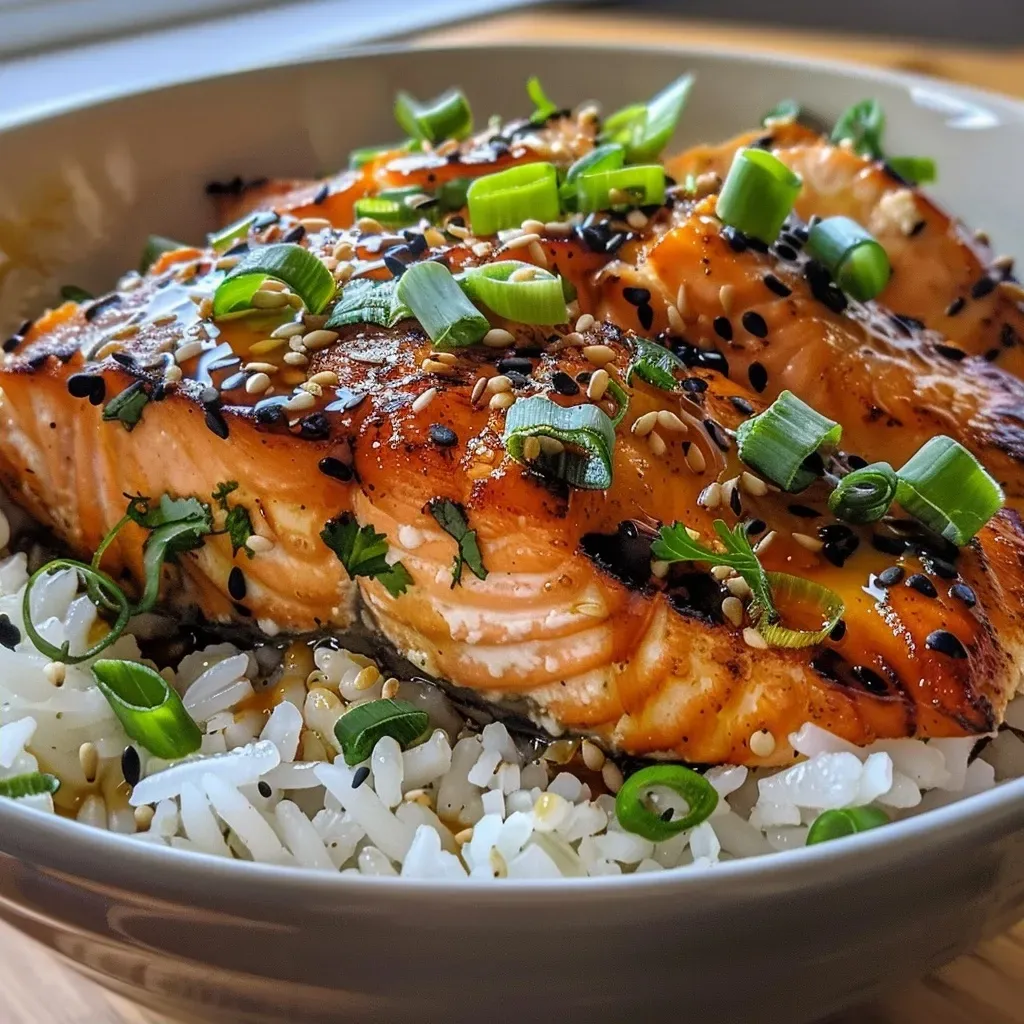 ['A close-up view of a Garlic Butter Salmon Rice Bowl with vibrant colors and textures.', 'Juicy salmon fillets on a bed of rice, garnished with green onions and sesame seeds.', 'A delicious bowl featuring tender garlic butter salmon, rice, and optional toppings.', 'A side view of a colorful rice bowl showcasing salmon and fresh ingredients.']
