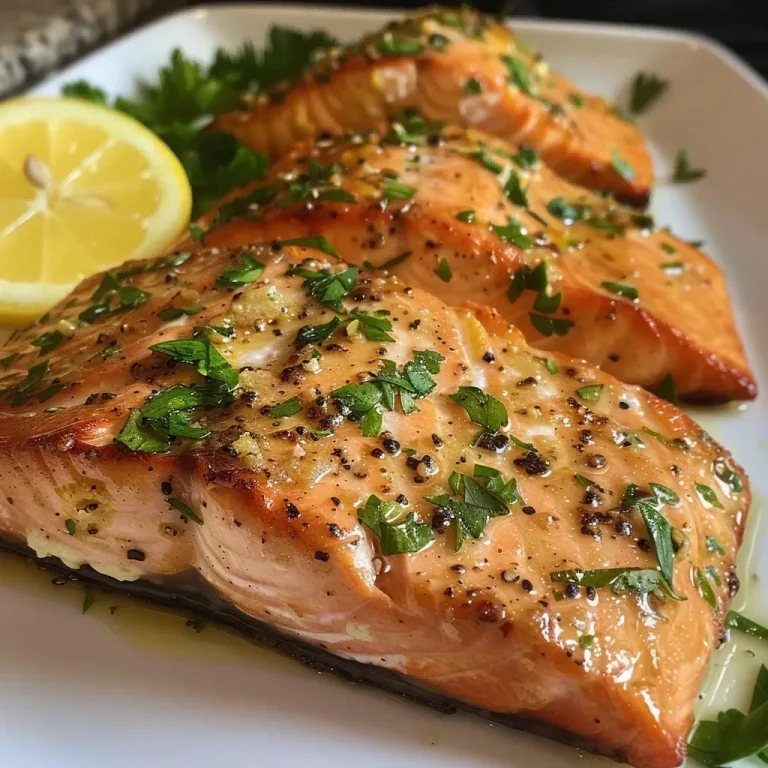 ['Close-up side view of sizzling garlic butter salmon fillets in a pan.', 'Juicy salmon fillets coated in garlic butter, garnished with parsley and lemon.', 'Boneless, skinless salmon fillets in a rich garlic butter sauce, captured from the side.', 'A delicious serving of garlic butter salmon, showcasing the golden crust and garnishes.']