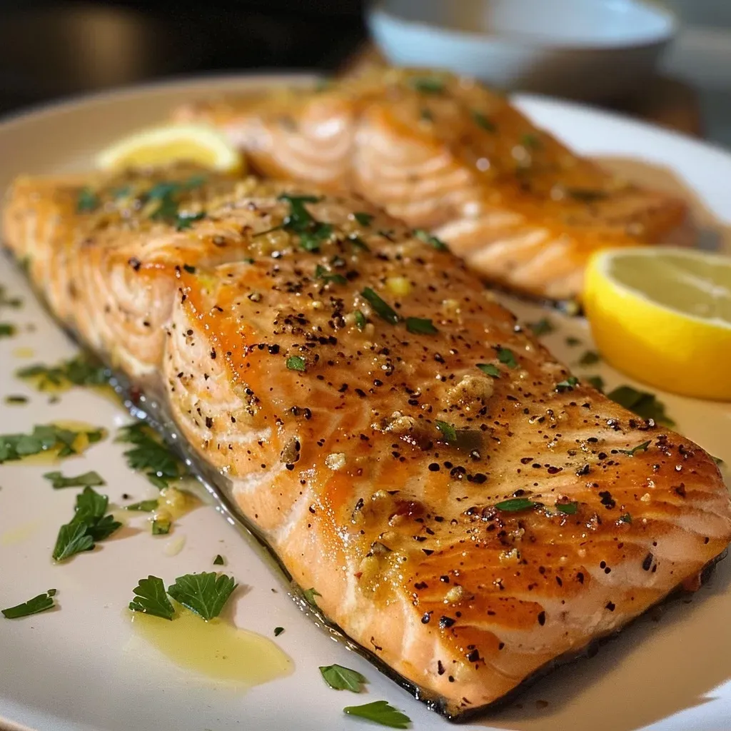 ['Close-up side view of sizzling garlic butter salmon fillets in a pan.', 'Juicy salmon fillets coated in garlic butter, garnished with parsley and lemon.', 'Boneless, skinless salmon fillets in a rich garlic butter sauce, captured from the side.', 'A delicious serving of garlic butter salmon, showcasing the golden crust and garnishes.']