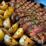 ['Close-up view of a sizzling garlic butter steak and potatoes skillet, showcasing juicy steak and golden potatoes.', 'Detailed shot of garlic butter steak with quartered baby yellow potatoes, garnished with fresh herbs.', 'Side view of a skillet filled with juicy steak and perfectly cooked potatoes, glistening with garlic butter sauce.', 'Richly colored garlic butter steak and potatoes in a skillet, highlighting the textures of meat and potatoes.']