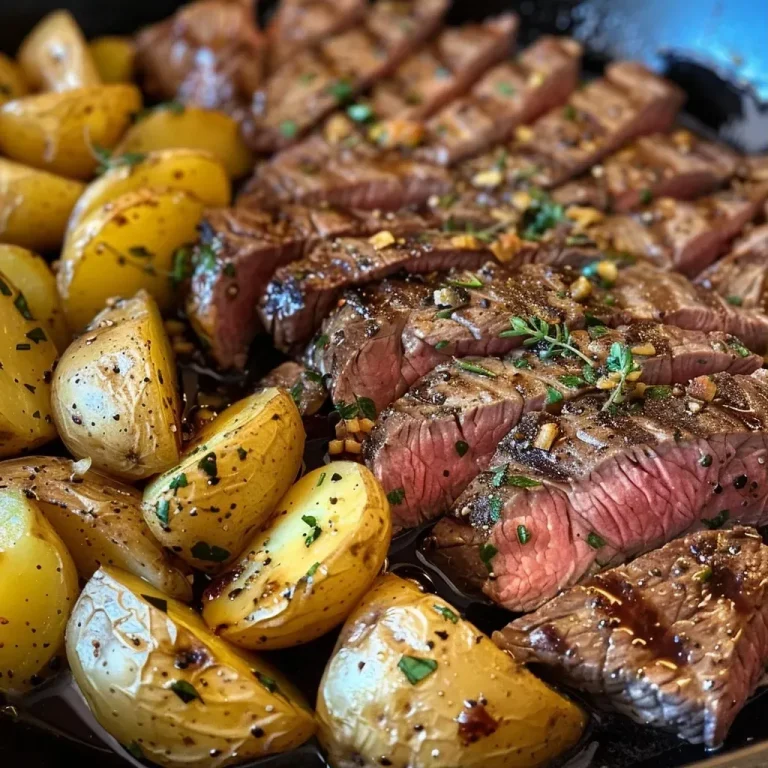['Close-up view of a sizzling garlic butter steak and potatoes skillet, showcasing juicy steak and golden potatoes.', 'Detailed shot of garlic butter steak with quartered baby yellow potatoes, garnished with fresh herbs.', 'Side view of a skillet filled with juicy steak and perfectly cooked potatoes, glistening with garlic butter sauce.', 'Richly colored garlic butter steak and potatoes in a skillet, highlighting the textures of meat and potatoes.']