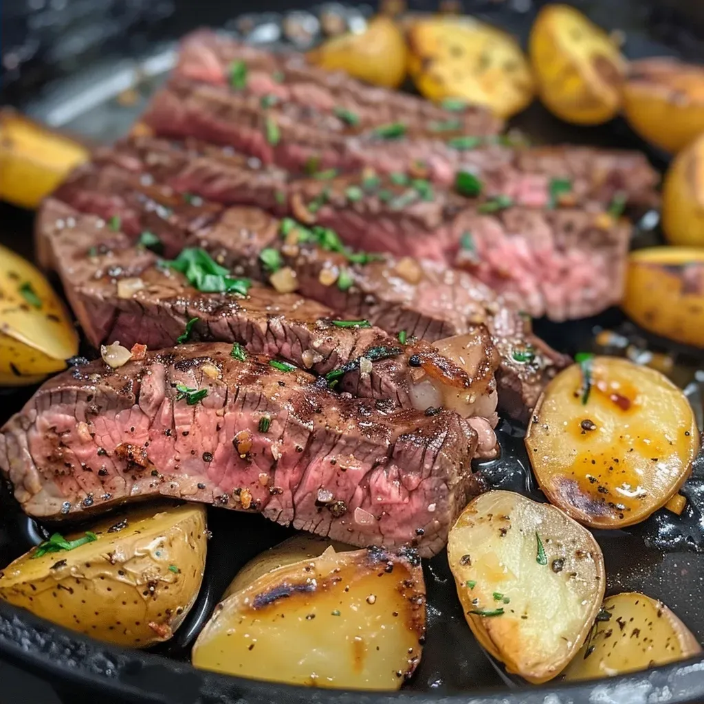 Close-up view of a sizzling garlic butter steak and potatoes skillet, showcasing juicy steak and golden potatoes.