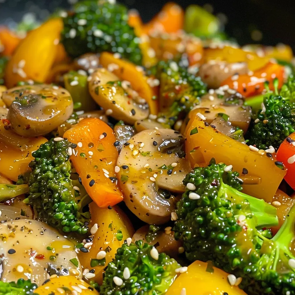 ['Juicy Garlic Butter Stir-Fry featuring vibrant broccoli, mushrooms, and bell peppers.', 'Close-up view of Garlic Butter Stir-Fry with bright vegetables and garlic sauce.', 'Colorful Garlic Butter Stir-Fry showcasing broccoli, mushrooms, and sliced peppers.', 'Delicious Garlic Butter Stir-Fry with glistening vegetables and minced garlic.']