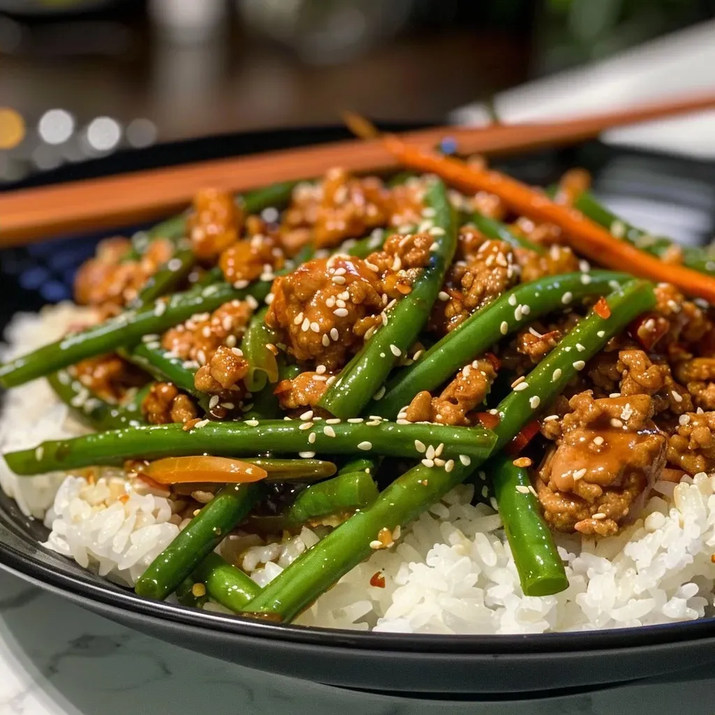 ['Close-up view of a colorful Garlic Green Bean and Turkey Stir Fry with garlic and green beans visible.', 'Juicy Garlic Green Bean and Turkey Stir Fry featuring bright green beans and ground turkey.', 'Side angle of a vibrant stir fry with green beans, garlic, turkey, and sesame seeds.', 'Detailed close-up of a Garlic Green Bean and Turkey Stir Fry dish with garlic slices and turkey meat.']