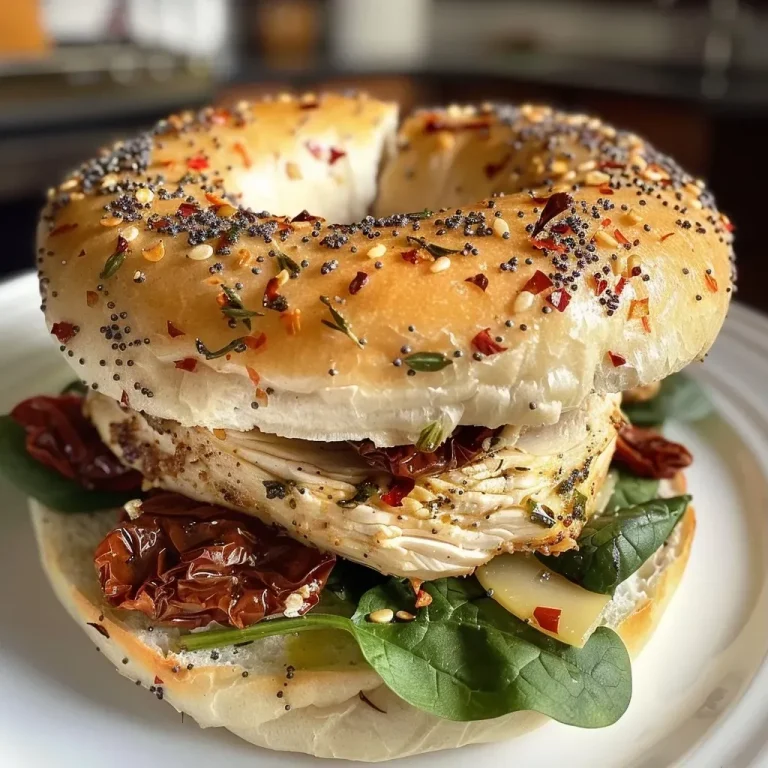 ['Juicy Garlic Herb Chicken and Sun-Dried Tomato Bagel Sandwich on a plate.', 'Close-up view of a sandwich filled with chicken, sun-dried tomatoes, and herbs.', 'A delicious bagel sandwich with garlic herb chicken and vibrant spinach leaves.', 'Side view of a sandwich showcasing succulent chicken and colorful ingredients.']