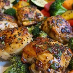 ['Close-up view of juicy garlic herb chicken chunks surrounded by colorful roasted vegetables.', 'Side view of a skillet filled with garlic herb chicken and an assortment of vibrant roasted veggies.', 'A deliciously plated garlic herb chicken dish with broccoli, zucchini, and bell peppers in a skillet.', 'Juicy chicken with garlic seasoning mixed with various roasted vegetables in a skillet.']