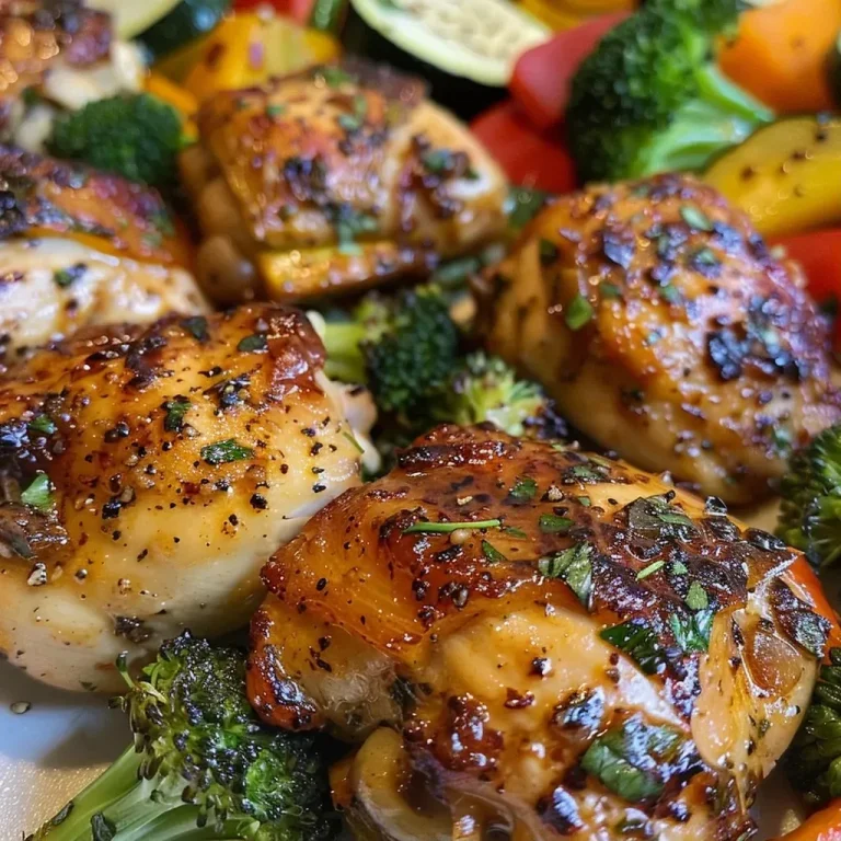 ['Close-up view of juicy garlic herb chicken chunks surrounded by colorful roasted vegetables.', 'Side view of a skillet filled with garlic herb chicken and an assortment of vibrant roasted veggies.', 'A deliciously plated garlic herb chicken dish with broccoli, zucchini, and bell peppers in a skillet.', 'Juicy chicken with garlic seasoning mixed with various roasted vegetables in a skillet.']