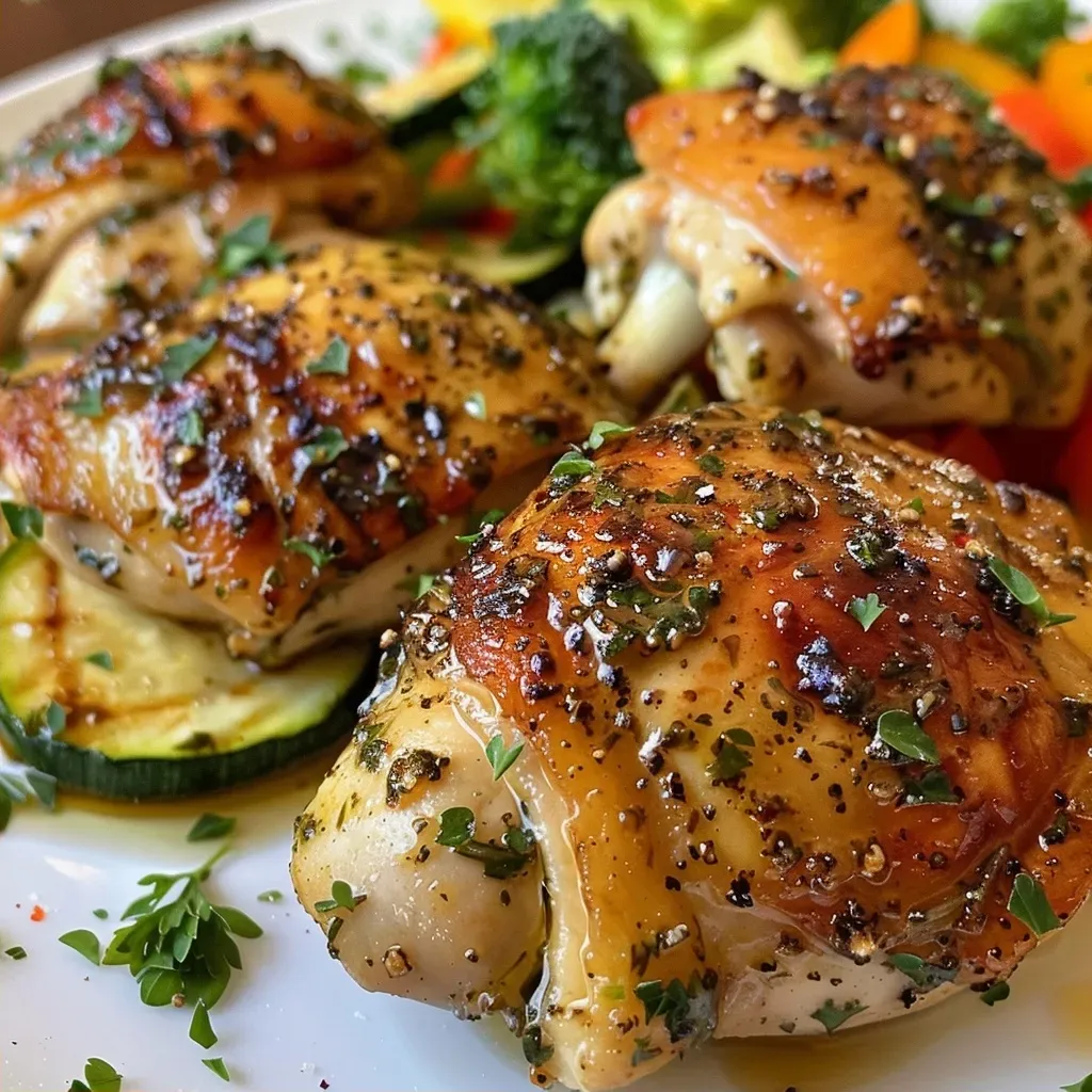 ['Close-up view of juicy garlic herb chicken chunks surrounded by colorful roasted vegetables.', 'Side view of a skillet filled with garlic herb chicken and an assortment of vibrant roasted veggies.', 'A deliciously plated garlic herb chicken dish with broccoli, zucchini, and bell peppers in a skillet.', 'Juicy chicken with garlic seasoning mixed with various roasted vegetables in a skillet.']