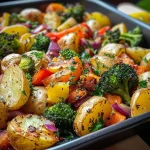 ['Close-up of roasted potatoes and colorful vegetables with garlic and herbs.', 'Side view of crispy garlic herb potatoes and mixed vegetables on a plate.', 'Juicy roasted baby potatoes, carrots, broccoli, and bell peppers seasoned with herbs.', 'A vibrant array of garlic herb roasted vegetables served together, showcasing textures.']